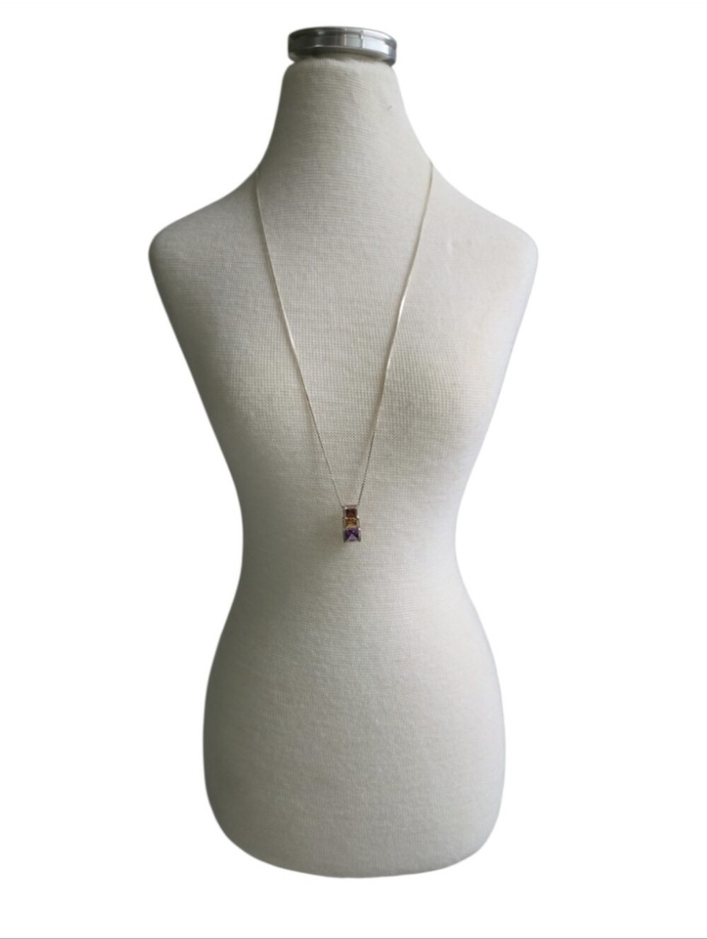 Vtg Sterling Silver Gemstone Trio Pendant Necklace Garnet, Gold Topaz, Amethyst